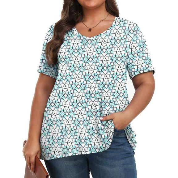 Fantaslook Plus Size Womens T Shirts V Neck Caseual Tops Short Sleeve Floral Shirts Loose Blouses