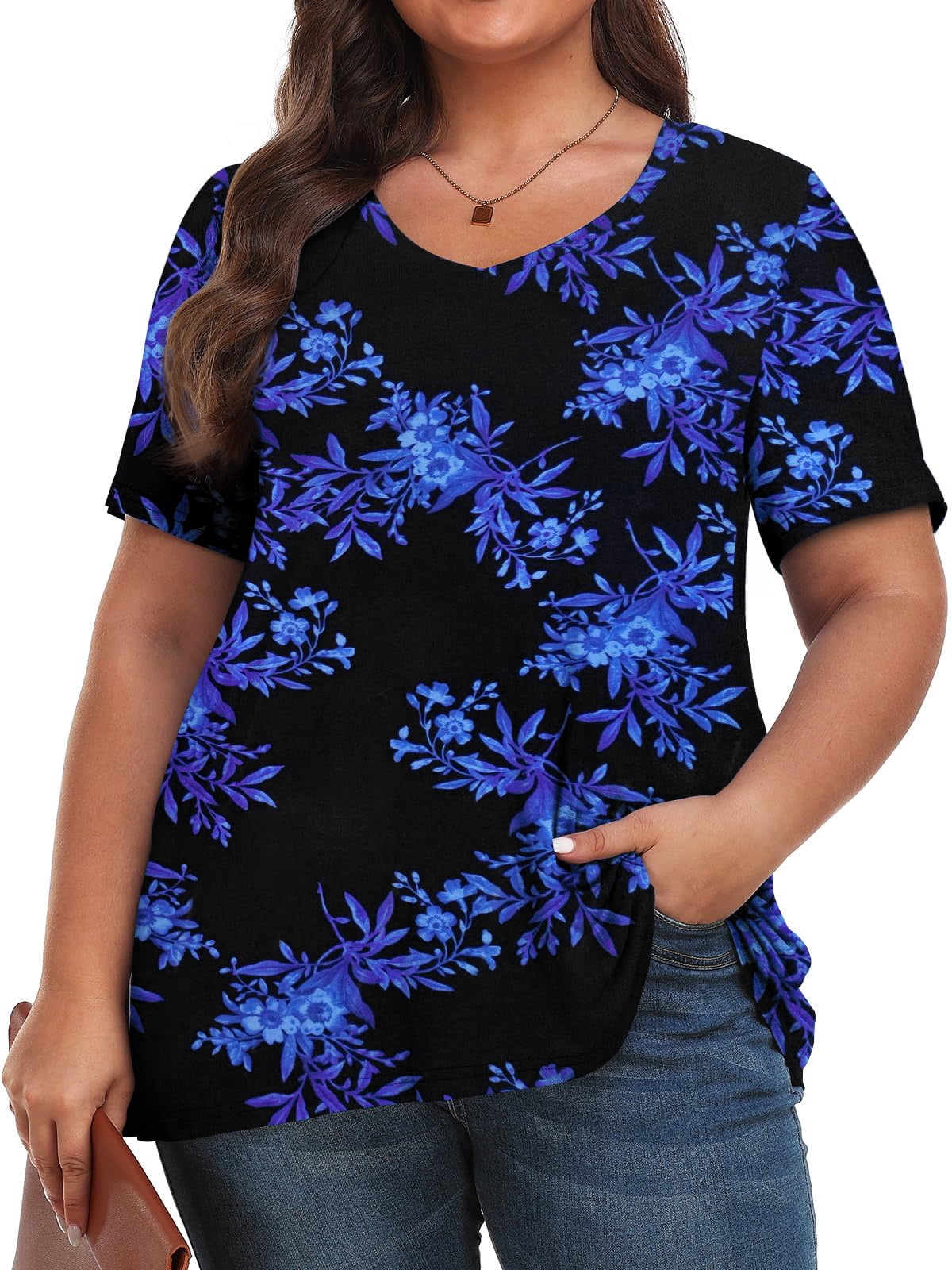 Fantaslook Plus Size Womens T Shirts V Neck Caseual Tops Short Sleeve Floral Shirts Loose Blouses