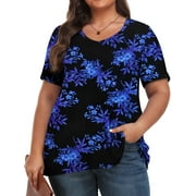FANTASLOOK Plus Size Womens T Shirts V Neck Caseual Tops Short Sleeve Floral Shirts Loose Blouses