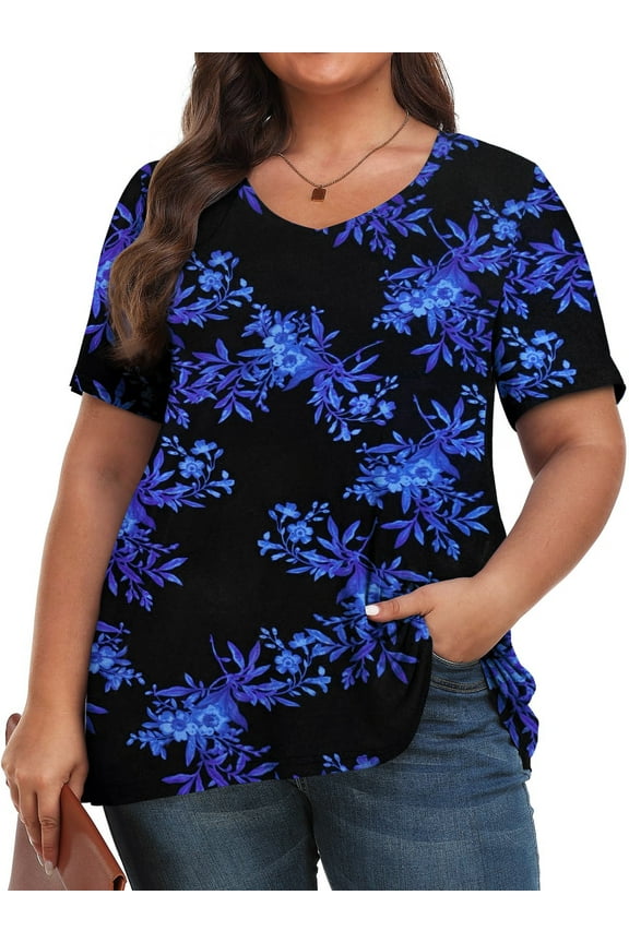 Plus Size Womens T Shirts V Neck Caseual Tops Short Sleeve Floral Shirts Loose Blouses