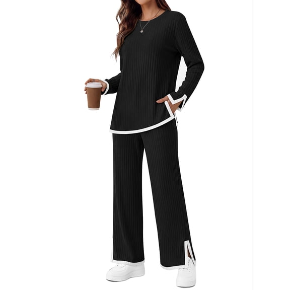 Fantaslook 2 Piece Sets for Women Travel Outfits Color Block Long Sweater Lounge Sets Splits Hem Tracksuits with Pockets