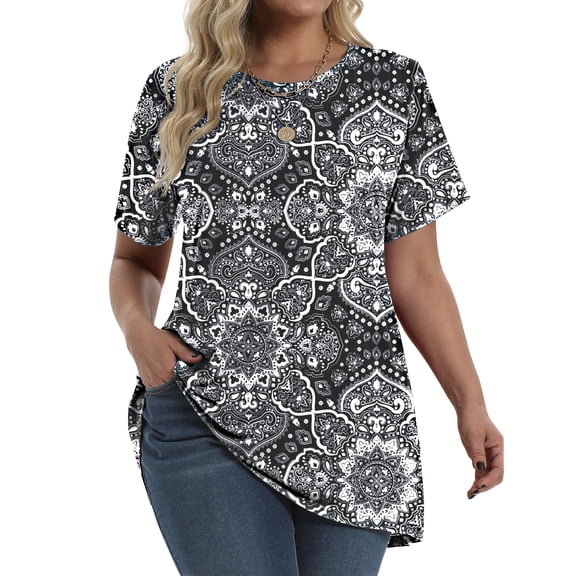 Fantaslook Plus Size Womens Tunic Tops Short Sleeve Casual Floral Shirts Swing Flare Dressy Blouses