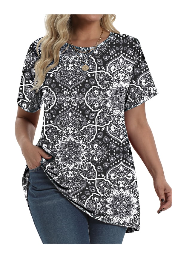 Plus Size Womens Tunic Tops Short Sleeve Casual Floral Shirts Swing Flare Dressy Blouses