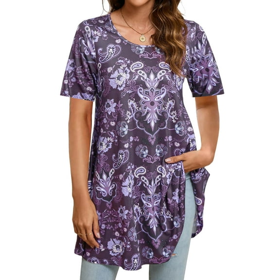 Fantaslook Plus Size Womens Tunic Tops Short Sleeve Casual Floral Shirts Swing Flare Dressy Blouses