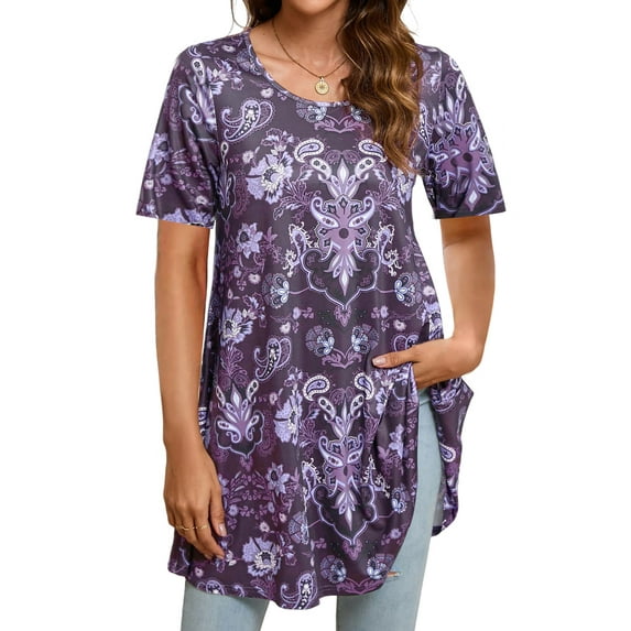 Fantaslook Plus Size Womens Tunic Tops Short Sleeve Casual Floral Shirts Swing Flare Dressy Blouses