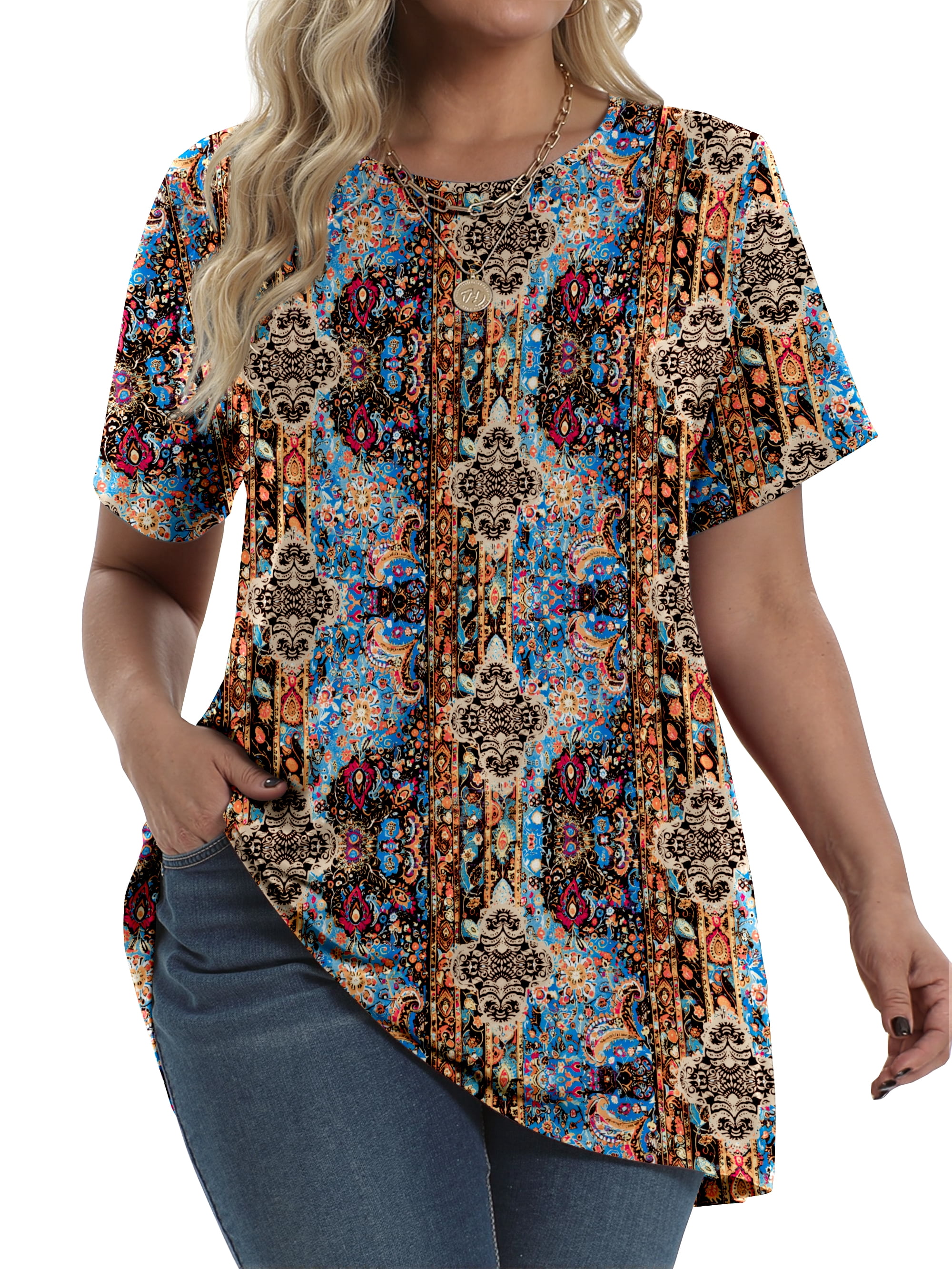 Fantaslook Plus Size Womens Tunic Tops Short Sleeve Casual Floral ...