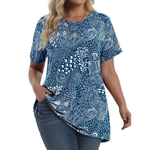 Fantaslook Plus Size Womens Tunic Tops Short Sleeve Casual Floral Shirts Swing Flare Dressy Blouses