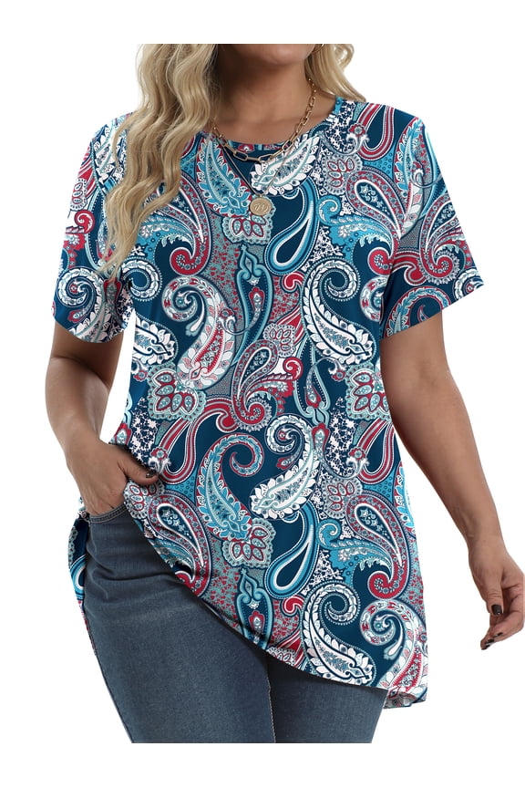 Plus Size Womens Tunic Tops Short Sleeve Casual Floral Shirts Swing Flare Dressy Blouses
