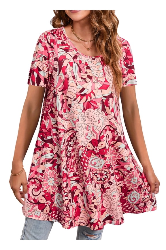 Plus Size Womens Tunic Tops Short Sleeve Casual Floral Shirts Swing Flare Dressy Blouses