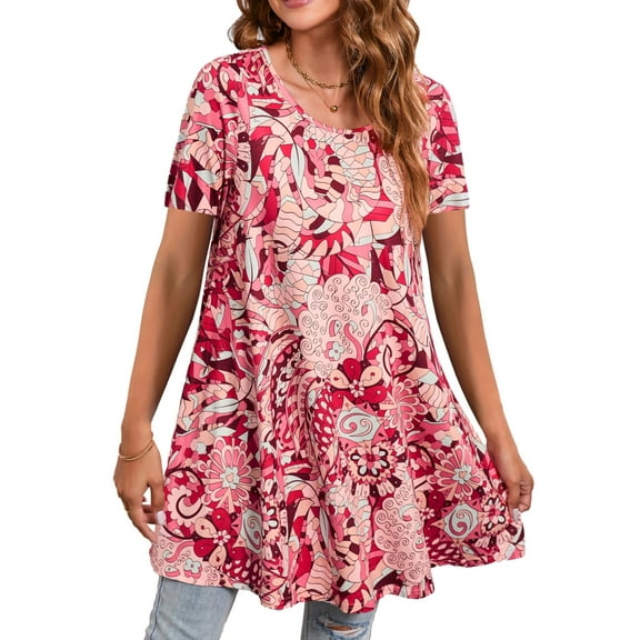 Fantaslook Plus Size Womens Tunic Tops Short Sleeve Casual Floral Shirts Swing Flare Dressy Blouses