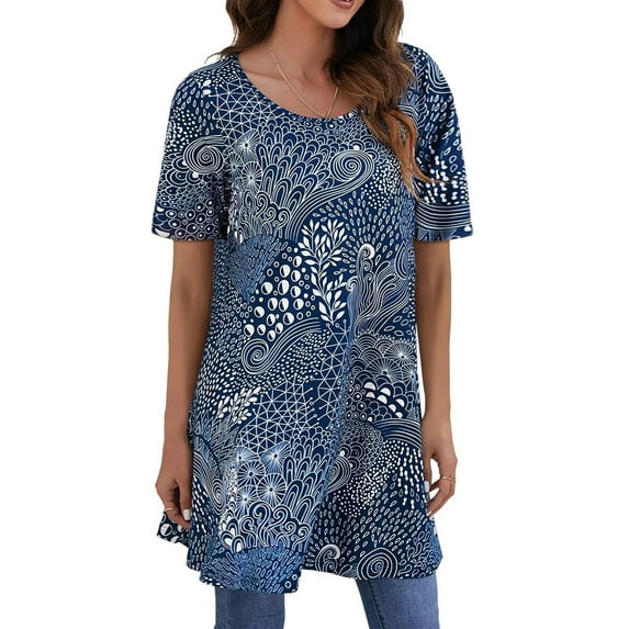 Fantaslook Plus Size Womens Tunic Tops Short Sleeve Casual Floral Shirts Swing Flare Dressy Blouses
