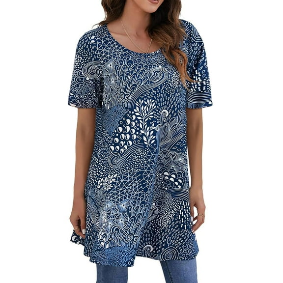 Fantaslook Plus Size Womens Tunic Tops Short Sleeve Casual Floral Shirts Swing Flare Dressy Blouses