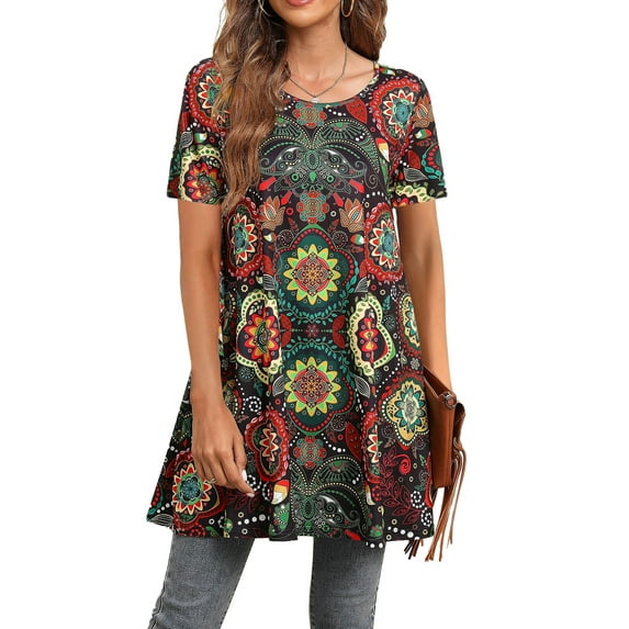 Fantaslook Plus Size Womens Tunic Tops Short Sleeve Casual Floral Shirts Swing Flare Dressy Blouses