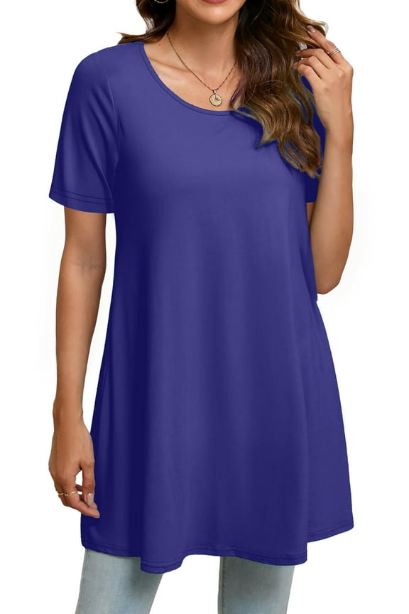 Plus Size Womens Tunic Tops Short Sleeve Casual Floral Shirts Swing Flare Dressy Blouses