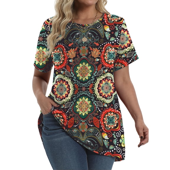 Fantaslook Plus Size Womens Tunic Tops Short Sleeve Casual Floral Shirts Swing Flare Dressy Blouses