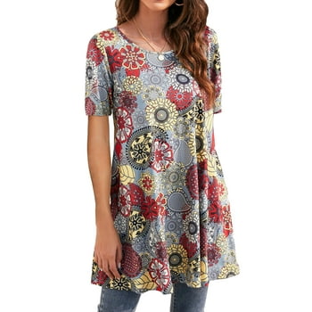 Fantaslook Plus Size Womens Tunic Tops Short Sleeve Casual Floral Shirts Swing Flare Dressy Blouses