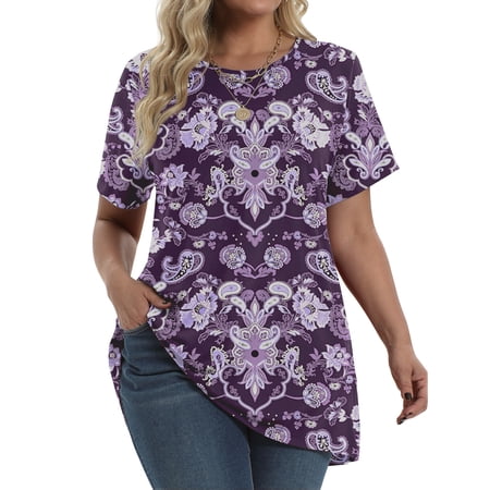 Fantaslook Plus Size Womens Tunic Tops Short Sleeve Casual Floral Shirts Swing Flare Dressy Blouses