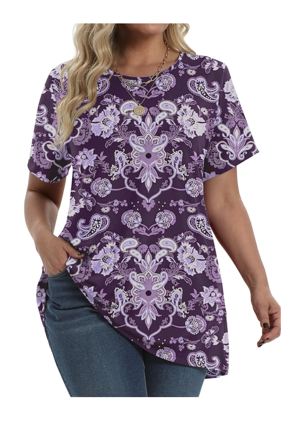 Plus Size Womens Tunic Tops Short Sleeve Casual Floral Shirts Swing Flare Dressy Blouses