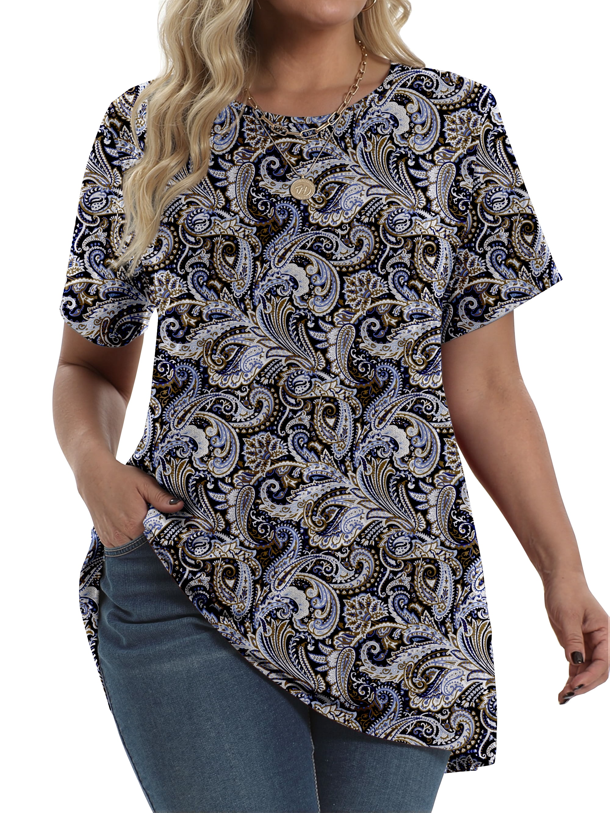 Fantaslook Plus Size Dressy Tunic Tops, Floral Boho Shirts, Short