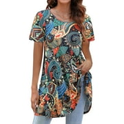 FANTASLOOK Plus Size Womens Tunic Tops Short Sleeve Casual Floral Shirts Swing Flare Dressy Blouses