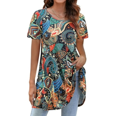 Fantaslook Plus Size Womens Tunic Tops Short Sleeve Casual Floral Shirts Swing Flare Dressy Blouses