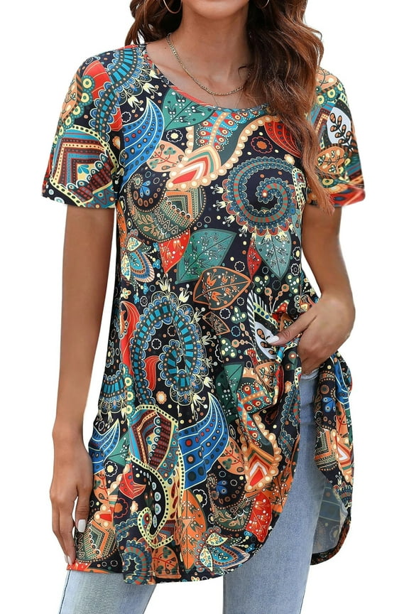 Plus Size Womens Tunic Tops Short Sleeve Casual Floral Shirts Swing Flare Dressy Blouses