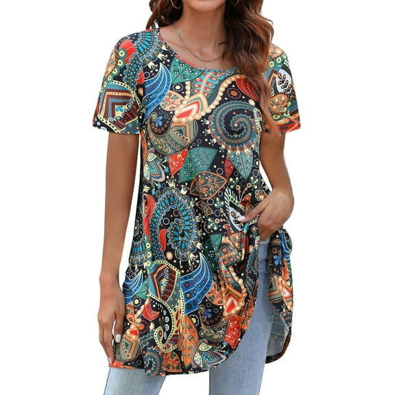 Fantaslook Plus Size Womens Tunic Tops Short Sleeve Casual Floral Shirts Swing Flare Dressy Blouses