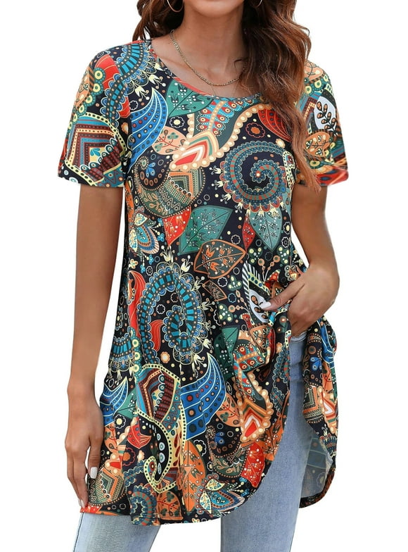 Plus Size Womens Tunic Tops Short Sleeve Casual Floral Shirts Swing Flare Dressy Blouses