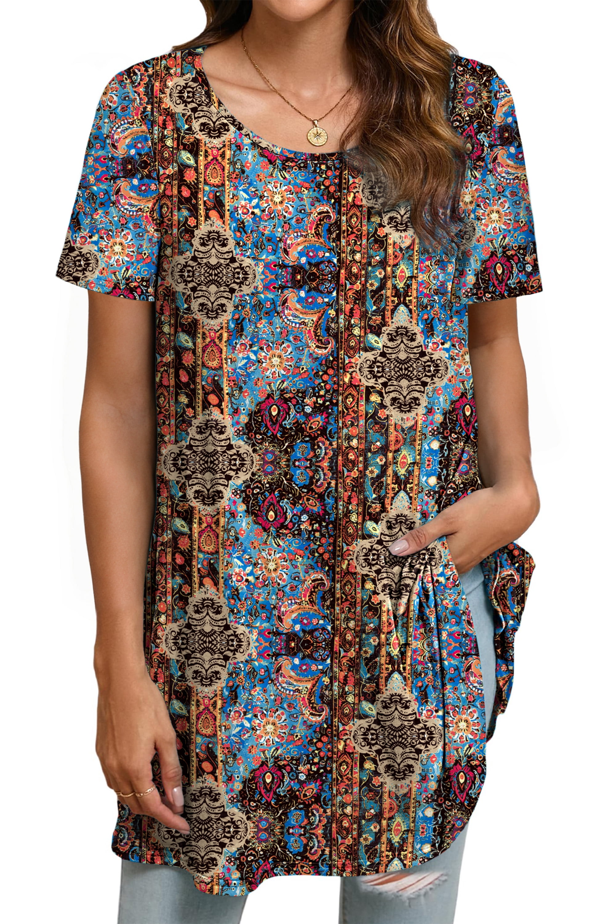 Fantaslook Plus Size Womens Tunic Tops Short Sleeve Casual Floral ...