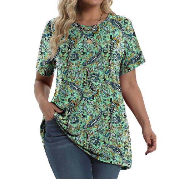 Fantaslook Plus Size Womens Tunic Tops Short Sleeve Casual Floral Shirts Swing Flare Dressy Blouses