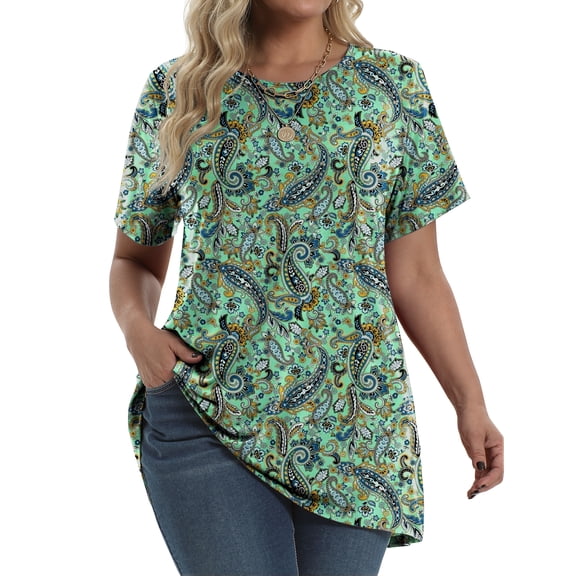 Fantaslook Plus Size Womens Tunic Tops Short Sleeve Casual Floral Shirts Swing Flare Dressy Blouses