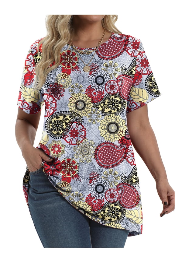 Plus Size Womens Tunic Tops Short Sleeve Casual Floral Shirts Swing Flare Dressy Blouses