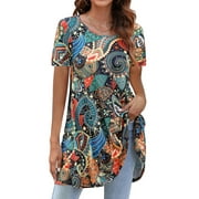 Fantaslook Plus Size Womens Tunic Tops Short Sleeve Casual Floral Shirts Swing Flare Dressy Blouses