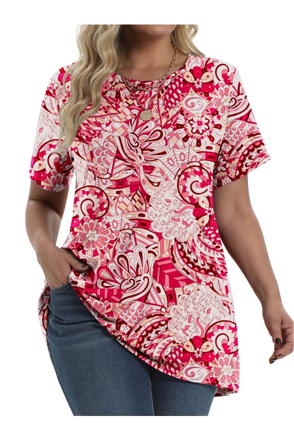 Plus Size Womens Tunic Tops Short Sleeve Casual Floral Shirts Swing Flare Dressy Blouses