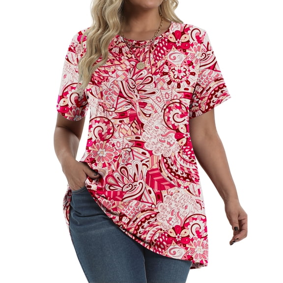 Fantaslook Plus Size Womens Tunic Tops Short Sleeve Casual Floral Shirts Swing Flare Dressy Blouses