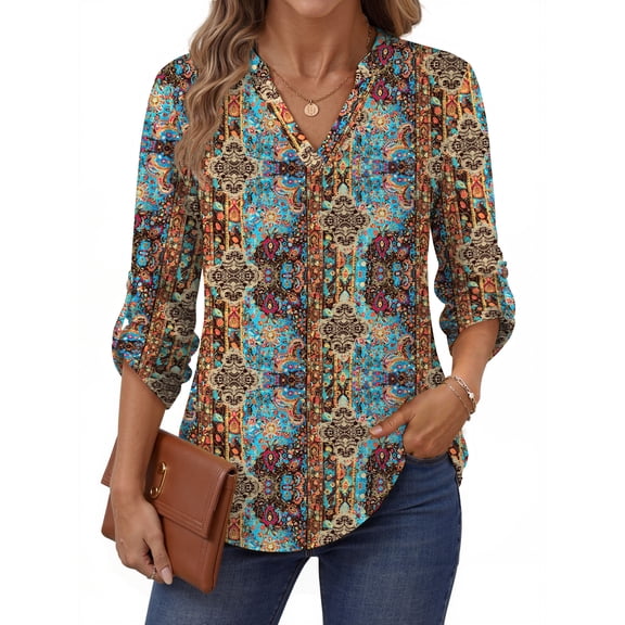 Fantaslook Roll Up Blouses for Women Dressy Casual Long Sleeve Tunic Tops V Neck Shirts Work Blouses