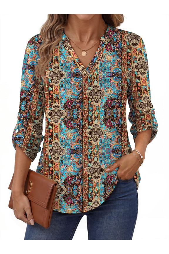 Roll Up Blouses for Women Dressy Casual Long Sleeve Tunic Tops V Neck Shirts Work Blouses