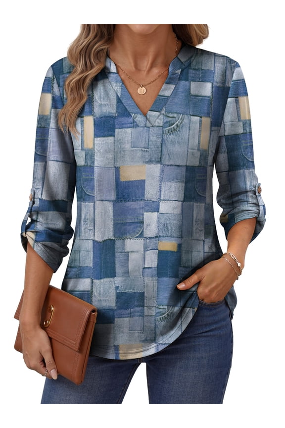 Roll Up Blouses for Women Dressy Casual Long Sleeve Tunic Tops V Neck Shirts Work Blouses