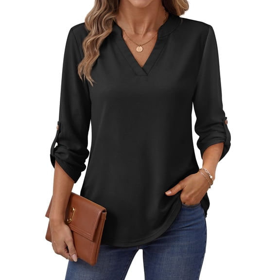 Fantaslook Roll Up Blouses for Women Dressy Casual Long Sleeve Tunic Tops V Neck Shirts Work Blouses