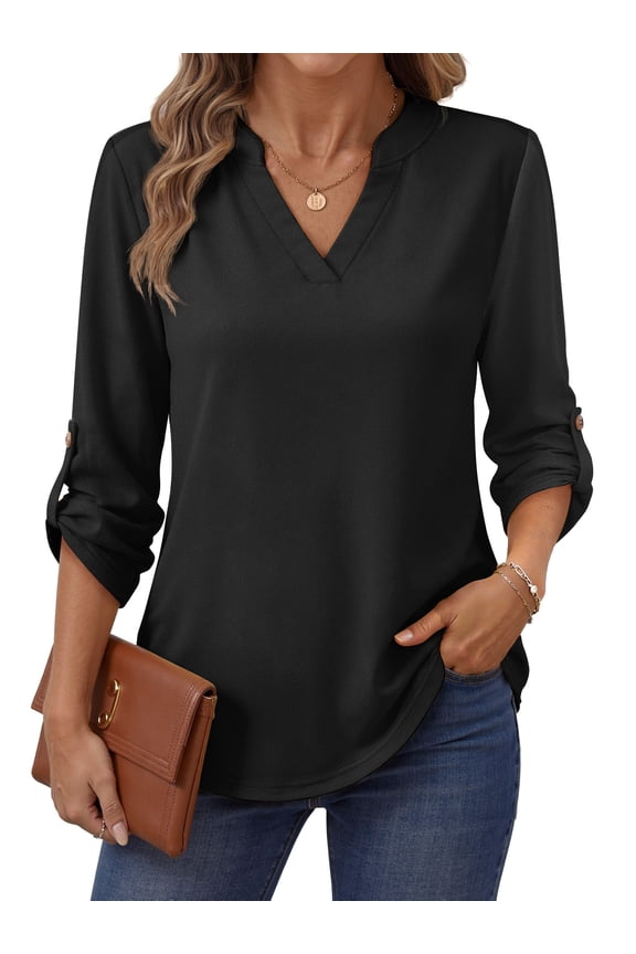 Roll Up Blouses for Women Dressy Casual Long Sleeve Tunic Tops V Neck Shirts Work Blouses