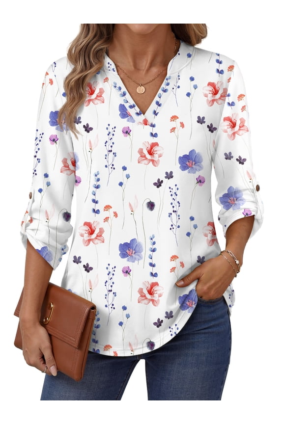 Roll Up Blouses for Women Dressy Casual Long Sleeve Tunic Tops V Neck Shirts Work Blouses