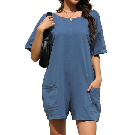 Fantaslook Rompers for Women Casual Summer Jumpsuits Short Sleeve Loose Overalls Shorts Rompers with Pockets Outfits