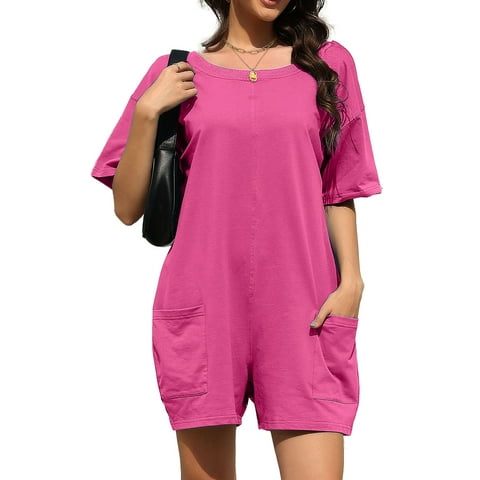 Rompers for Women Casual Summer Jumpsuits Short Sleeve Loose Overalls Shorts Rompers with Pockets Outfits
