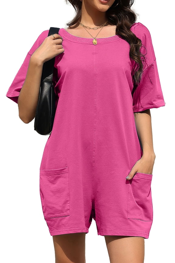 Rompers for Women Casual Summer Jumpsuits Short Sleeve Loose Overalls Shorts Rompers with Pockets Outfits