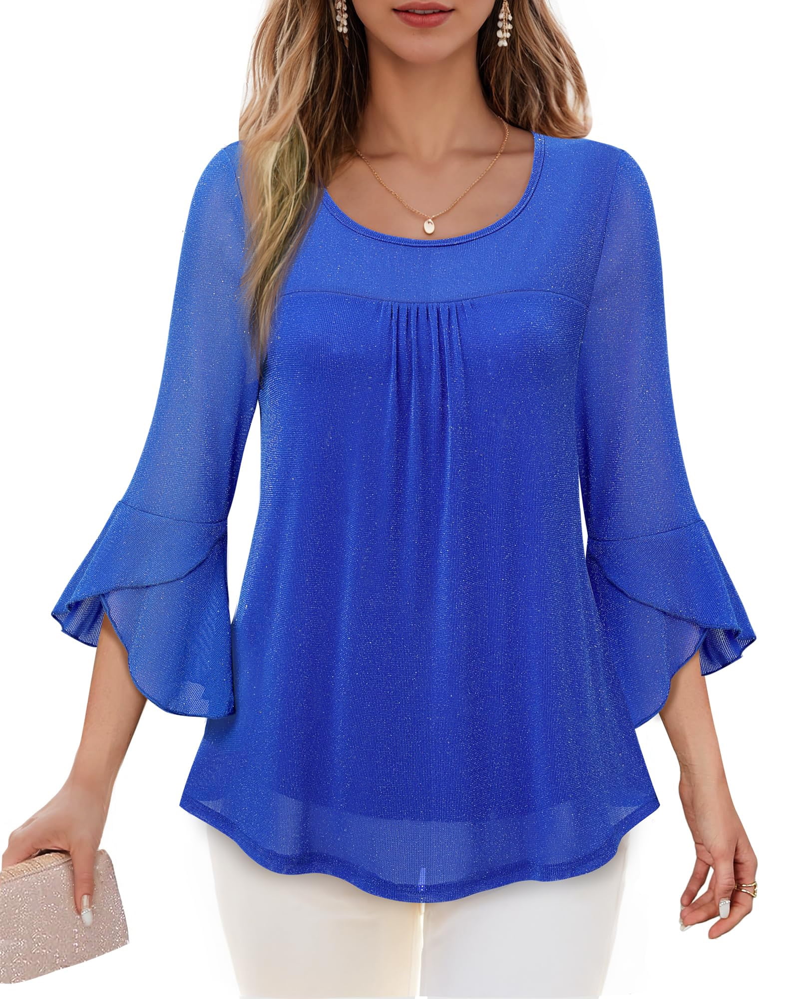 Fantaslook Ruffle 3/4 Sleeve Dressy Blouses for Women Glitter Double ...