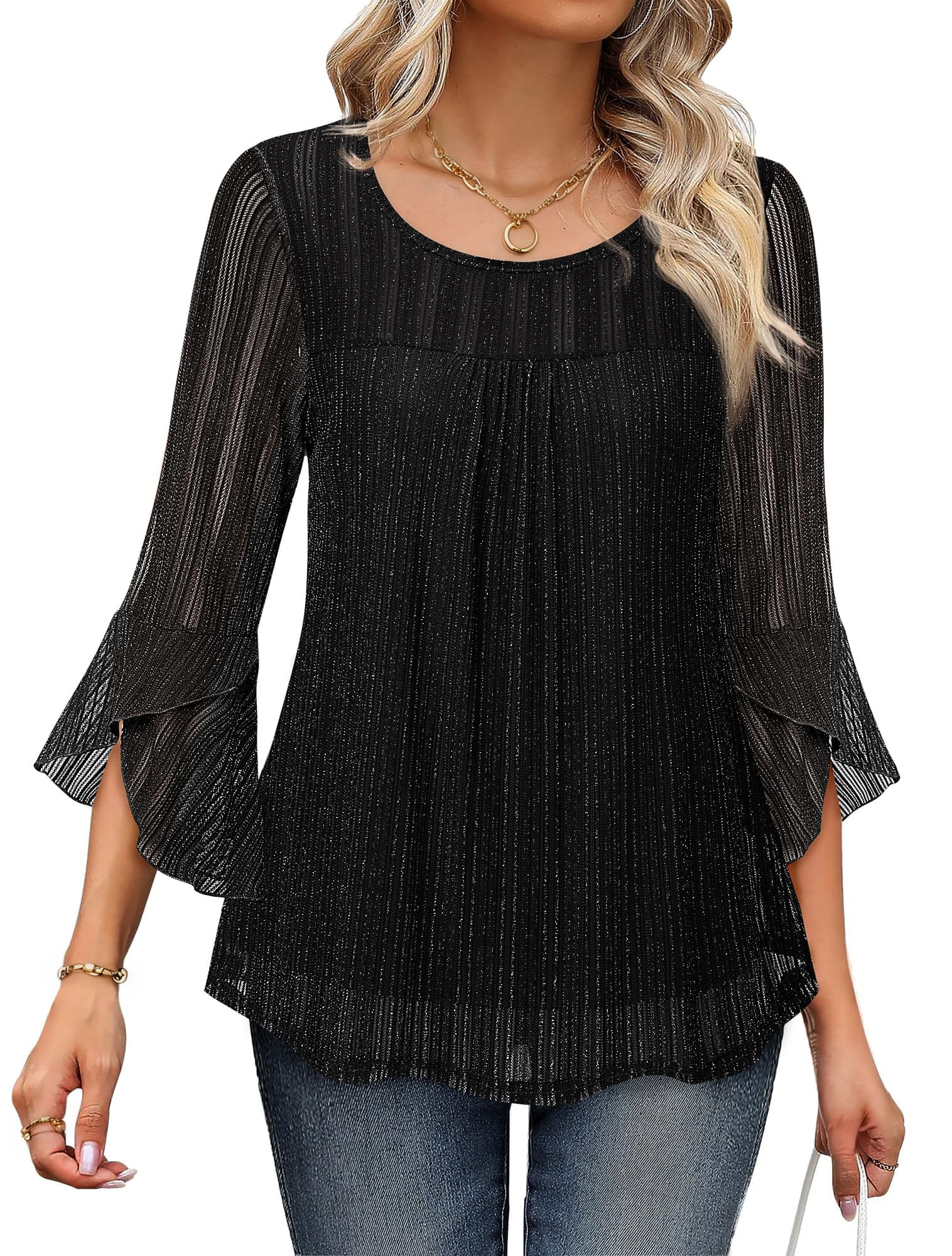 Essential Black Ruffled 3/4 Sleeve Top