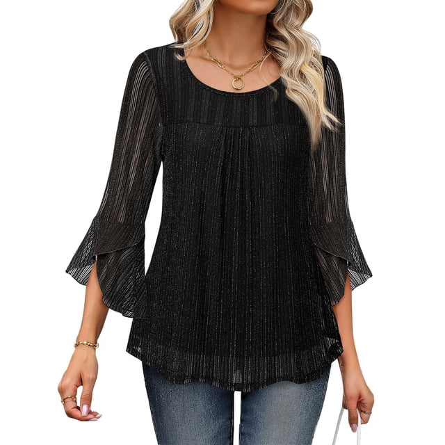 Fantaslook Ruffle 3/4 Sleeve Dressy Blouses for Women Glitter Double ...