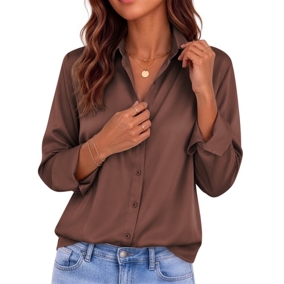 Fantaslook Satin Shirts for Women Long Sleeve Button Down Shirt Business Work Blouses Dressy Casual Fall Tops