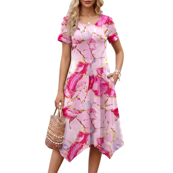 Fantaslook Short Sleeve Dresses for Women Floral Asymmetrical Hem Dress Summer Sundresses with Pockets