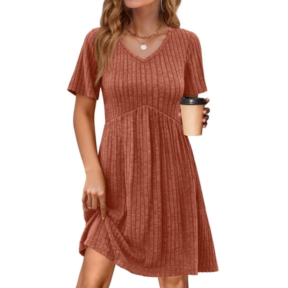 Fantaslook Short Sleeve Dresses for Women V Neck Summer Midi Dresses Empire Waist Tunic Casual Dress with Pockets